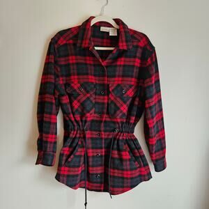 St. Johns Bay Women's Wool Blend Red Plaid Cinched Waist Long Sleeve Shirt Sz M